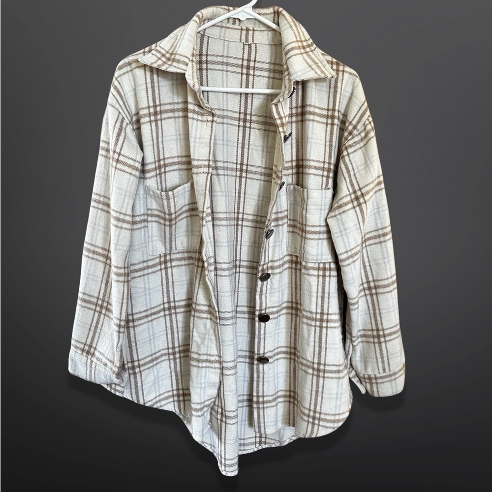 Meceku flannel plaid button up long sleeve oversized casual Shacket